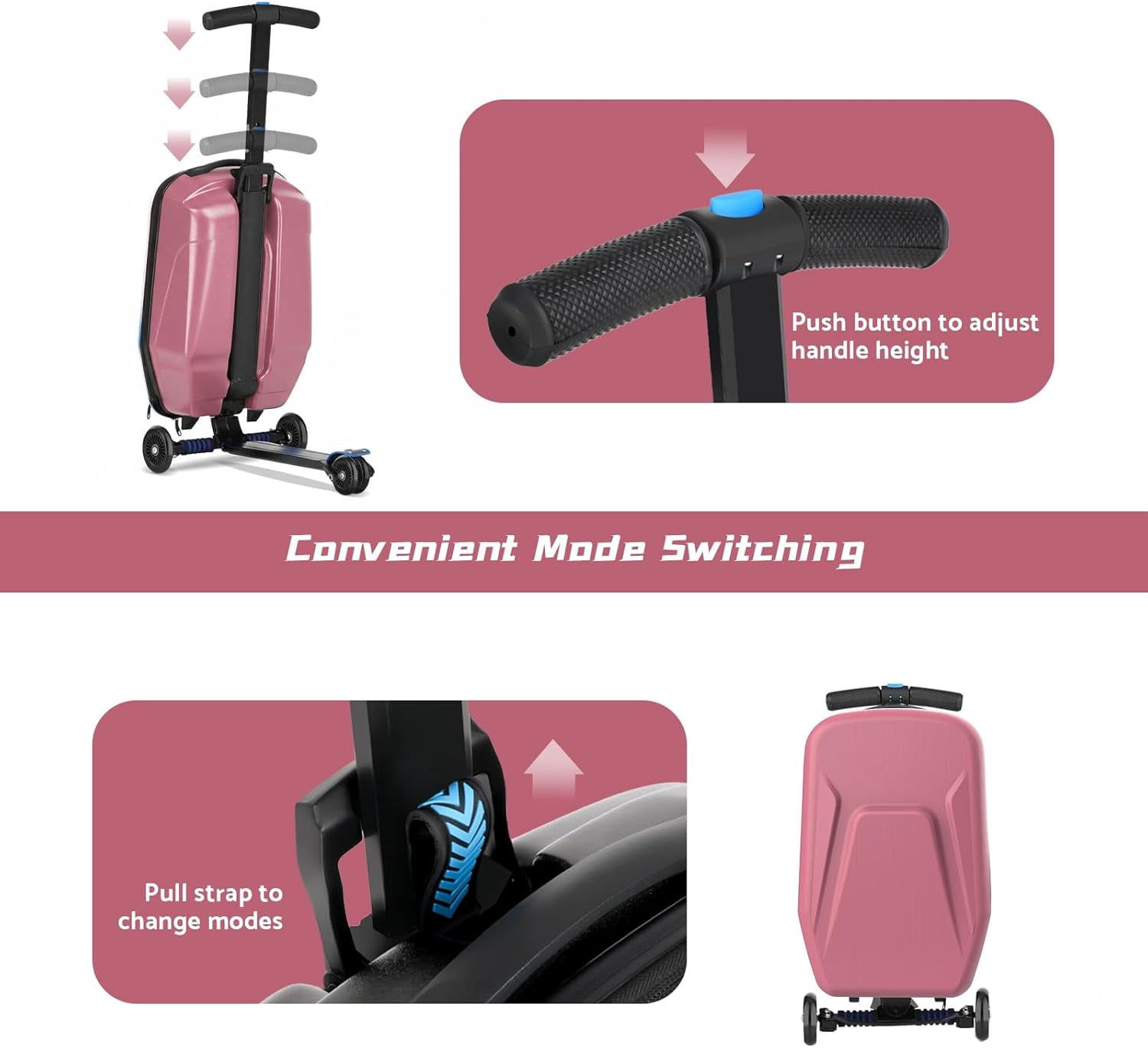20" Hardshell Scooter Suitcase for Kid & Adult Foldable 2 in 1 Ride on Carry on Travel Trolley Scooter Luggage With Wheels Pink