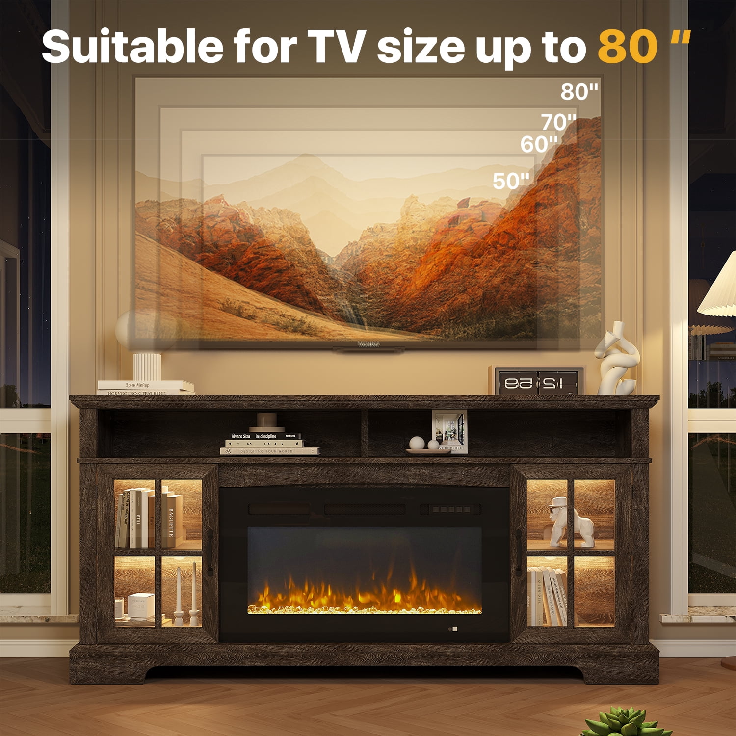 Sonegra Fireplace TV Stand with Glass Door for TVs up to 80", 70" Entertainment Center with Fireplace, Media Console for Living Room, Gray