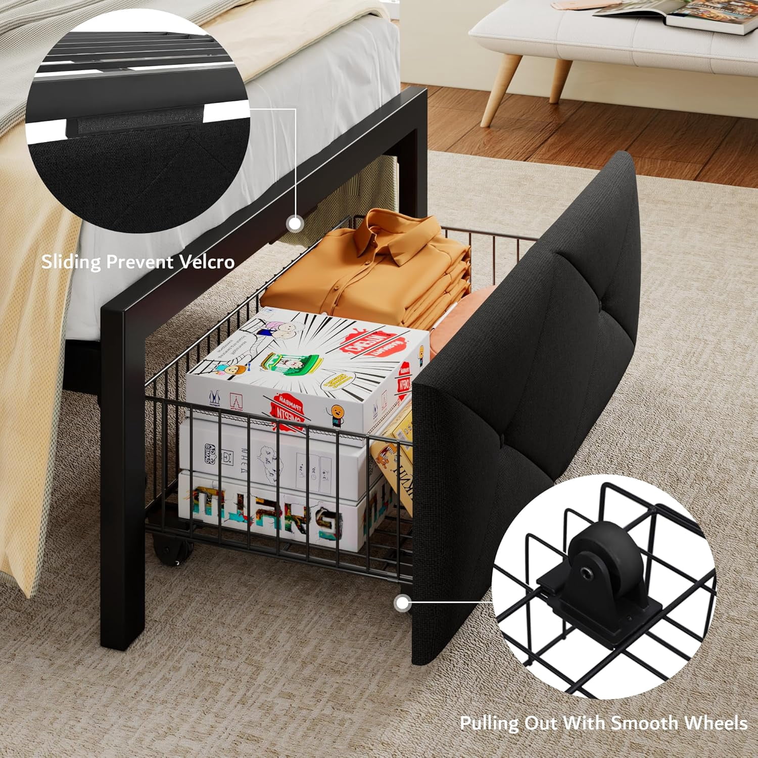 iPormis Twin Bed Frame with Storage Drawers, Linen Upholstered Headboard Platform Bed with Charging Station, No Box Spring Needed, Metal Slats Support, Noise-Free, Easy Assembly,Black