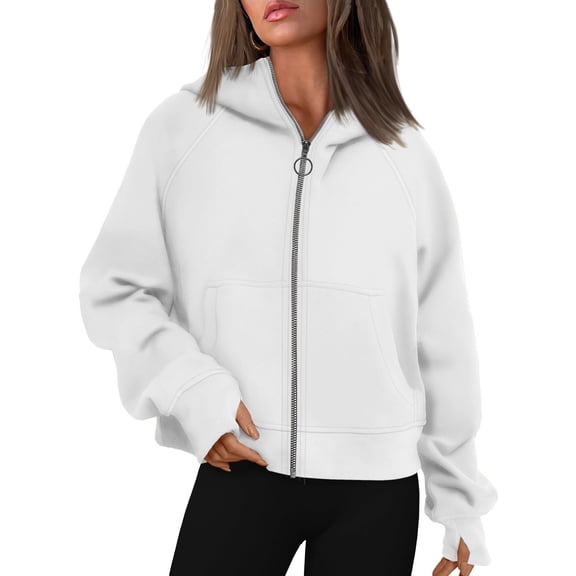 ClodeEU Womens Zip Pullover Hoodies,Cute Cropped Sweatshirts ,Long Sleeve Kangaroo Pocket Tops White,Womens Plus XL