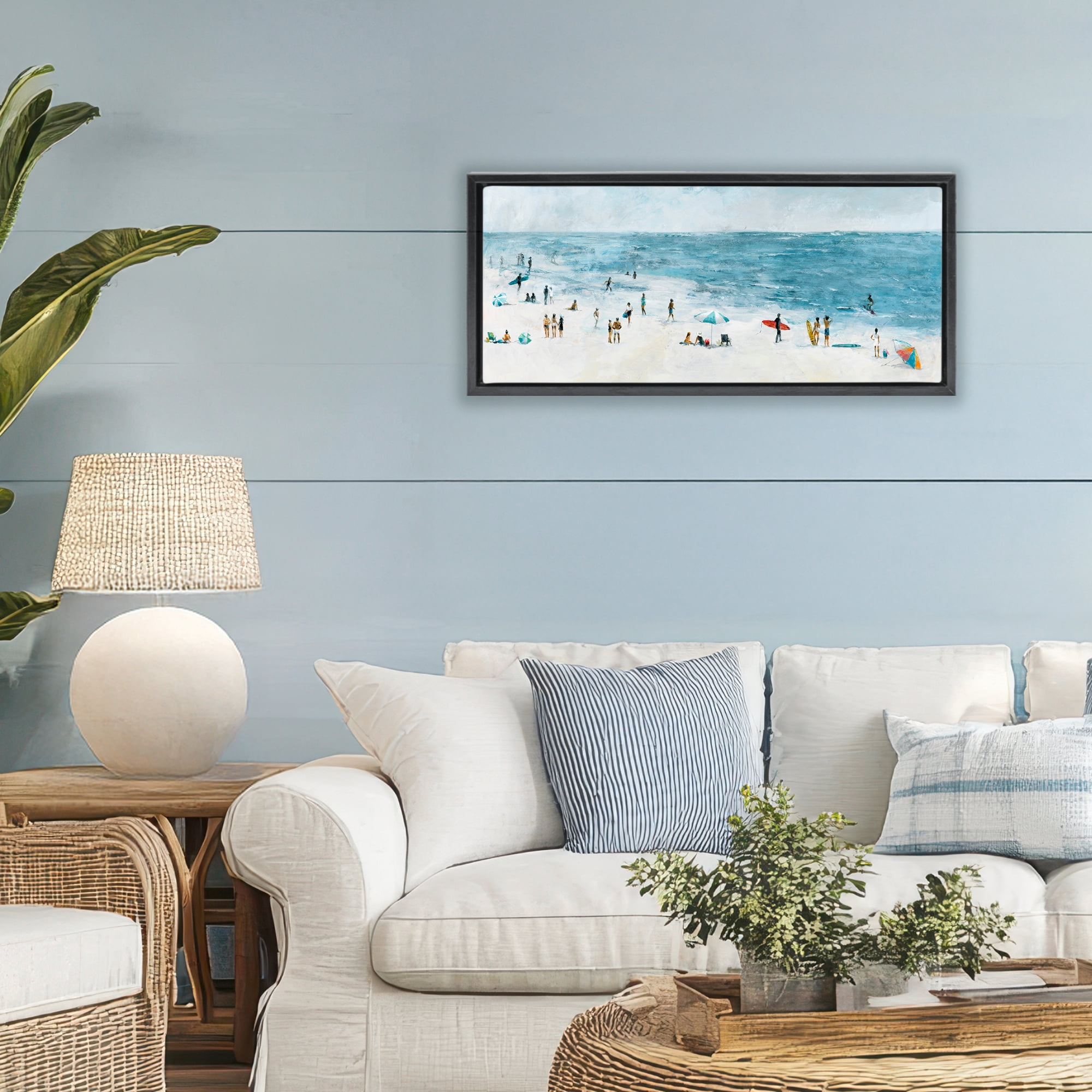 Stupell Industries Busy Beach Coastal Scene Black Framed Floater Canvas Wall Art, design by Lorenzo Collective
