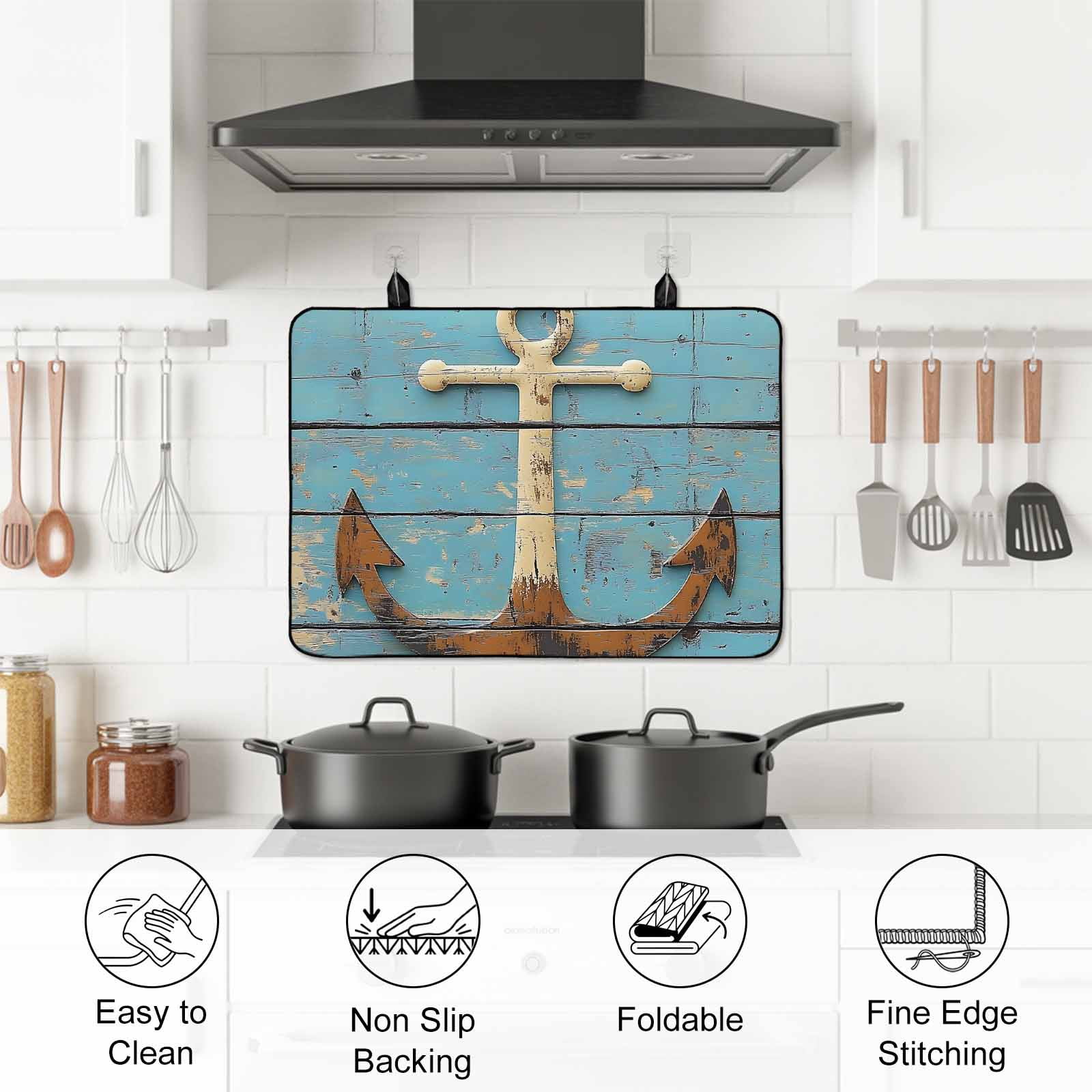 Vintage Anchor Stove Top Cover for Electric Stove, Heat-proof & Non Slip Glass Top Stove Cover Protector, Coastal Nautical Blue Brown Wooden Kitchen Flat Cooktop Rubber Mat 24x21 Inches