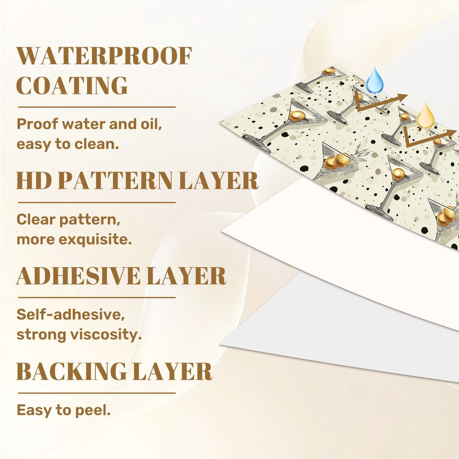 Peel and Stick Wallpaper Elegant Martini Glasses Golden Garnish Abstract Dot Wall Mural 23.6in x 9.8ft Self Adhesive Removable Wall Paper Renter Friendly Wallpaper for Nursery Bedroom Cabinets
