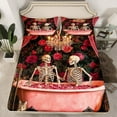 thumbnail image 2 of Manfei Romantic Couple Skull Bed Sheets for Adult, Vintage Pink Rose Flower King Sheets, Halloween Theme Sheet Set, Ultra Soft Home Decor, 4pcs, 2 of 7