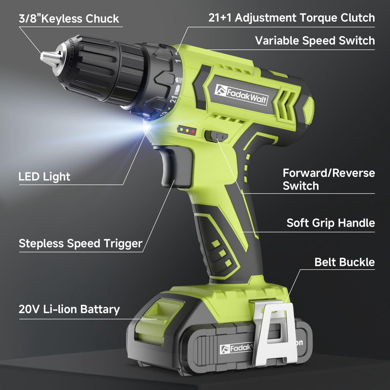 20V MAX Cordless Drill Set with Battery & Charger, 280 in-lbs Power Drill Kit, 2-Speed (0-1400 RPM), 21+1 Torque, 3/8" Keyless Chuck, 30pc Drill/Driver Bits, LED Light for Wood/Metal/Concrete(Green)
