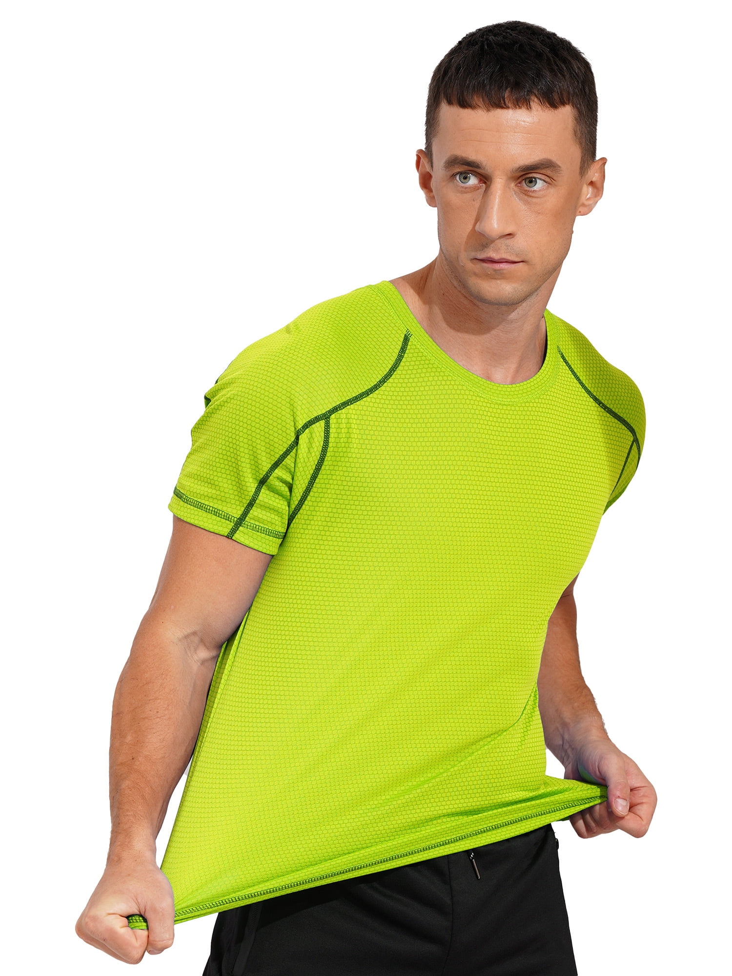 This top features a sleek short sleeve and round neckline design, with sporty striped detailing along the edges for a touch of style. The honeycomb pattern ensures excellent breathability and quick drying, making it a must-have for any outdoor enthusiast. 