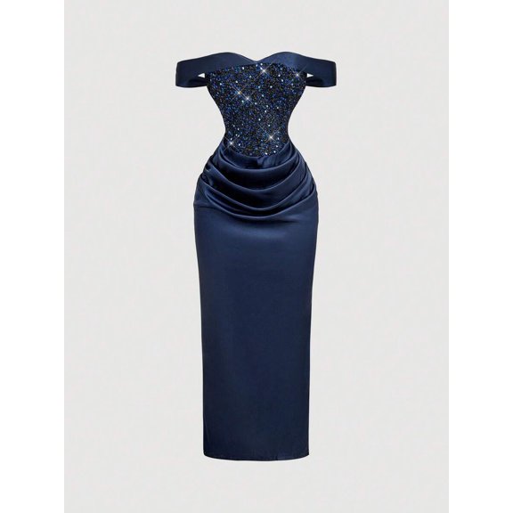 Navy Blue Sequin Off-Shoulder Ruched Satin Midi Dress
