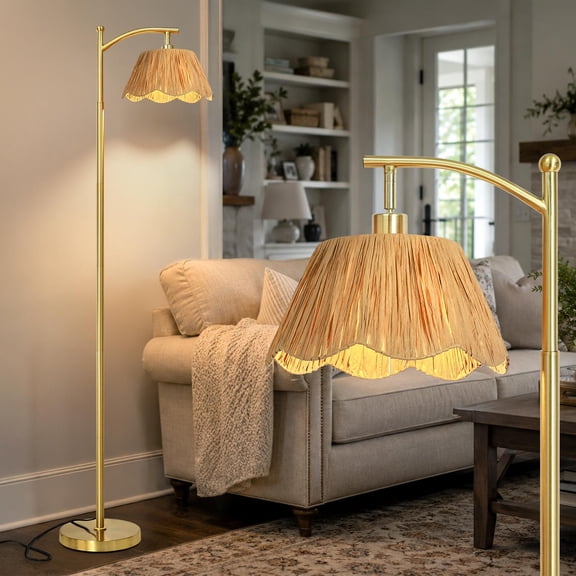 Lolikit Floor Lamp for Living Room Bedroom 62.5" Modern Gold Arc Corner Standing Floor Lamps with 3 Adjustable Color Temperatures Farmhouse Rattan Flower Petal Lampshade Foot Switch Bulb Included