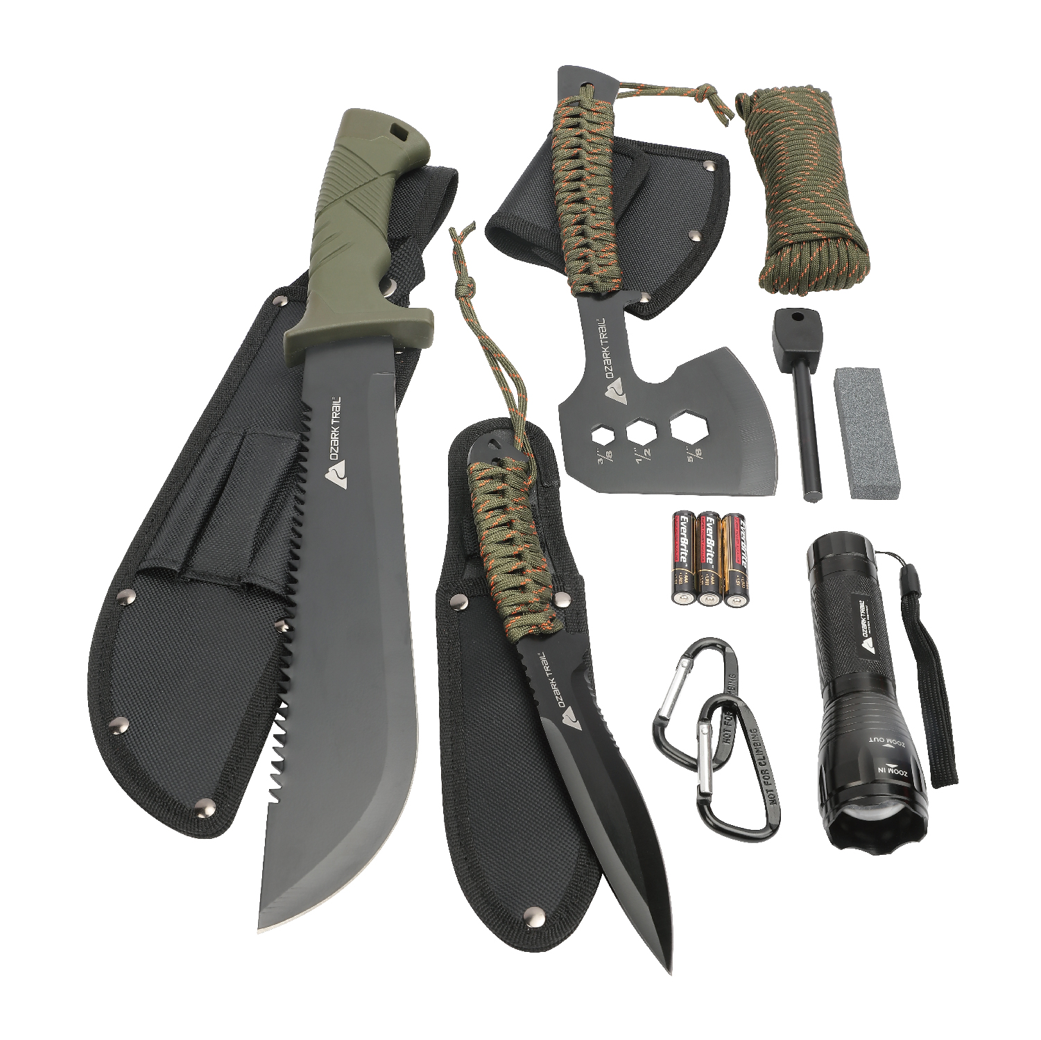 Ozark Trail 12-Pack Camping Tool Set with 180-Lumen Flashlight, 10" Machete, 4.5" Hatchet, 5" Knife, Sharpening Stone, Fire Starter, 50 Foot Utility Cord, and Carabiners