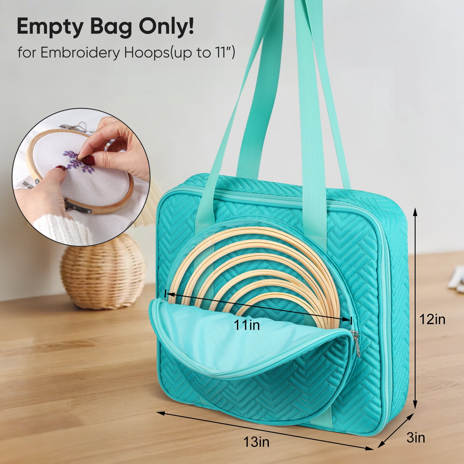 FINPAC Embroidery Bag, Cross Stitch Storage, Square Quilted Tote Organizer with Multiple Pockets for Floss, Hoops, Thread, Stitch Tools Kit [Bag Only], Green