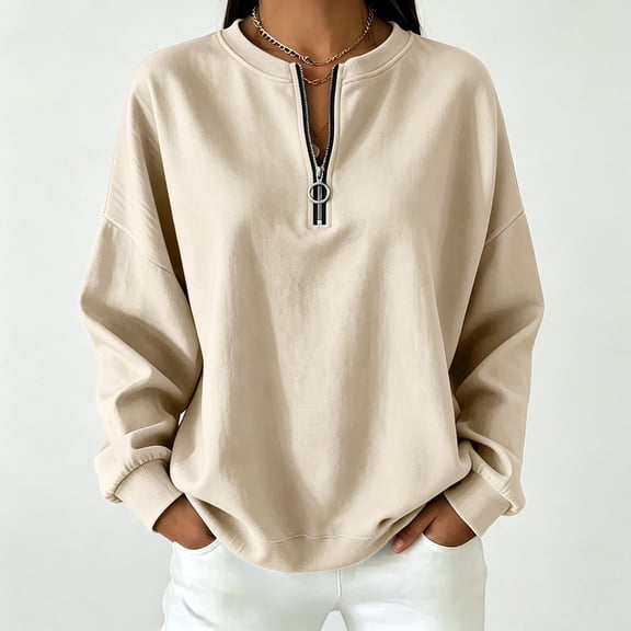 Odbmxy Fall Winter Womens Sweatshirts Long Sleeve Cotton Pullover Beige Womans Tops Vintage Crew Neck Zip-Up Leisure