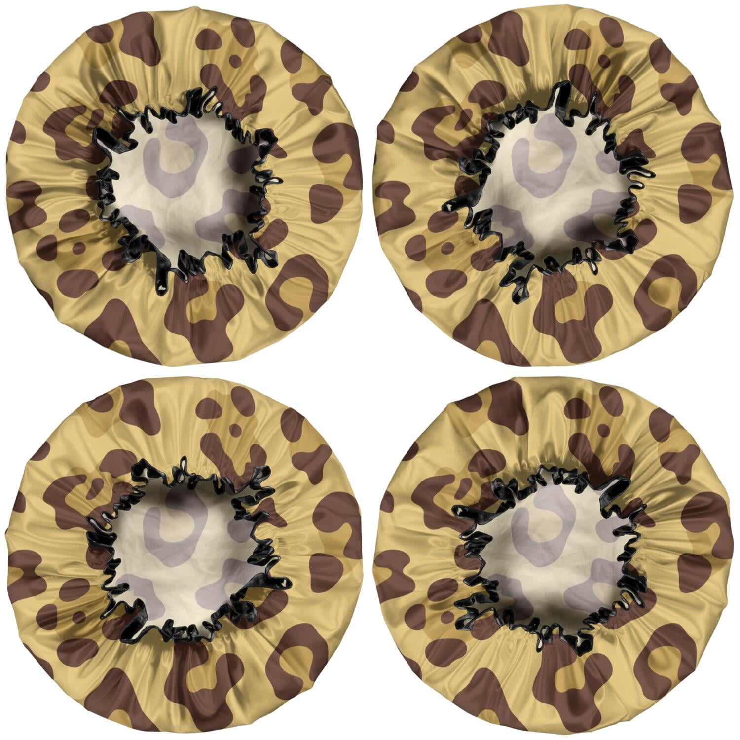 Shower Caps,Yellow and Brown Of Leopard Print Waterproof Shower Cap for Women 4 Pieces,Double Reusable Hair Cover for Shower PEVA Elastic Stretch Hem