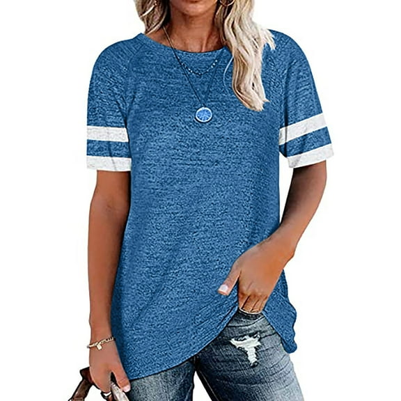 GSPCLAM Striped Blouse for Women Button V-Neck Plus Size Tops Short Sleeve Comfy Summer Fashionable T-Shirts Blue XL
