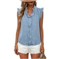 thumbnail image 7 of IUYRTFE Women's Washed Denim Sleeveless Button Down Shirt Ruffled V Neck Casual Summer Tank Top, 7 of 7