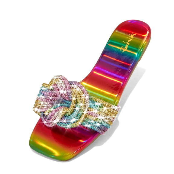 XYD Women Graceful Glitter Shiny Rhinestone Straps Slide Sandals Square Open Toe Flat Slippers Jeweled Casual Shoes Size 5 Rainbow