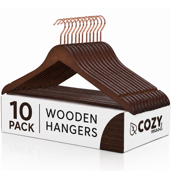 Cozymood Wooden Hangers 10 Pack, Natural Wood Coat Hangers with 360° Rose Gold Swivel Hooks, Heavy Duty Suit Hangers with Non-Slip Shoulder Notches for Closet Organization