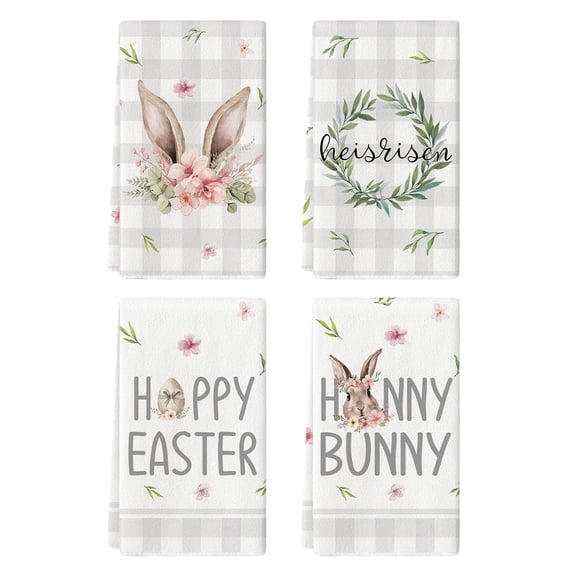 Sm:)e Buffalo Plaid Bunny He is Risen Easter Kitchen Dish Towels, 18x26 Inch Set of 4