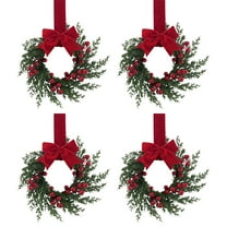 BinKFF 4 Pcs 4" Mini Christmas Wreath Mini Cabinet Wreaths for Kitchen Christmas Red Berry with Red and Black Plaid Bow Farmhouse Wreath for Holiday Xmas Party Decorations