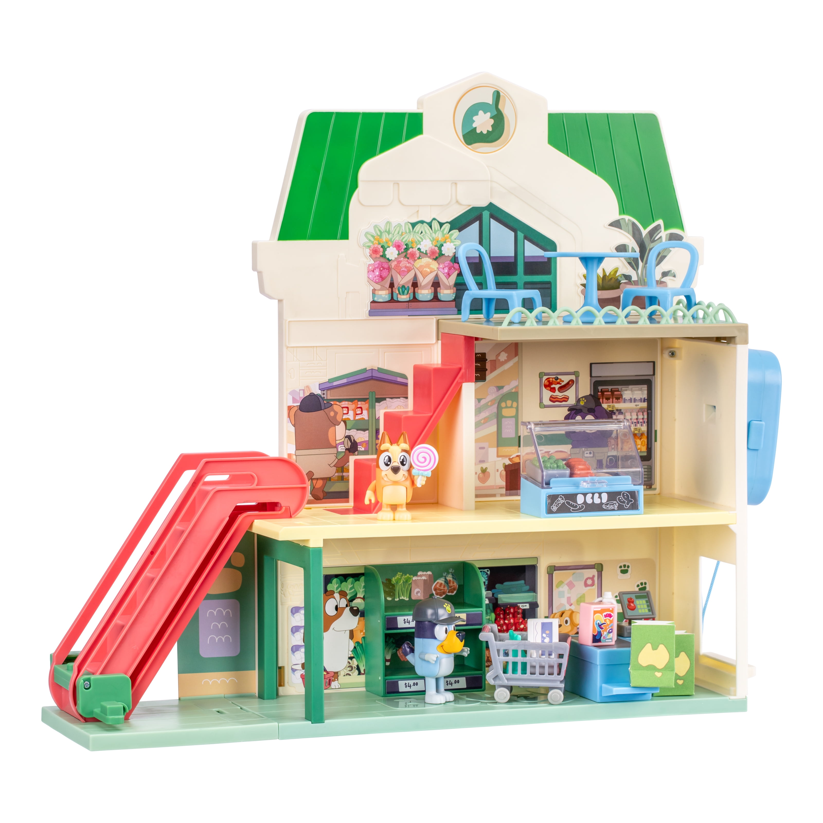 Bluey Supermarket Playset, 3 Different Levels with Exclusive Bluey and Bingo Figures. 24 Sounds and 15+ Play Pieces Plus Fun Intercom, Ages 3+