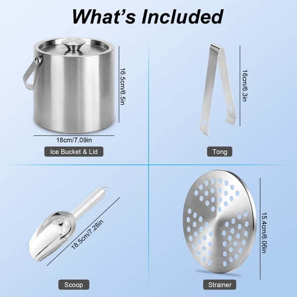 imerelez 3L Ice Holder Ice Container Double-Wall Stainless Steel Insulated Ice Bucket 3L Ice Holder Ice Container with Lid Scoop Strainer Handle for Wine Champagne Beer Parties Cocktails