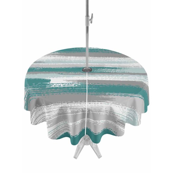 Outdoor Tablecloths with Umbrella Hole & Zipper, Blue Gray Stripes Round Tablecloth 54 Inch, Watercolor Modern Abstract Minimalist Waterproof Table Cloth, Patio/Pool/Picnic Table Covers