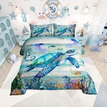 Coastal Bedding Set Queen,Summer Sea Turtle Jellyfish Comforter Set for Boys Girls,Tropical Starfish Coral Bedding Bedding Sets,Farmhouse Wooden Barn Duvet Insert with 2 Pillowcases Warm