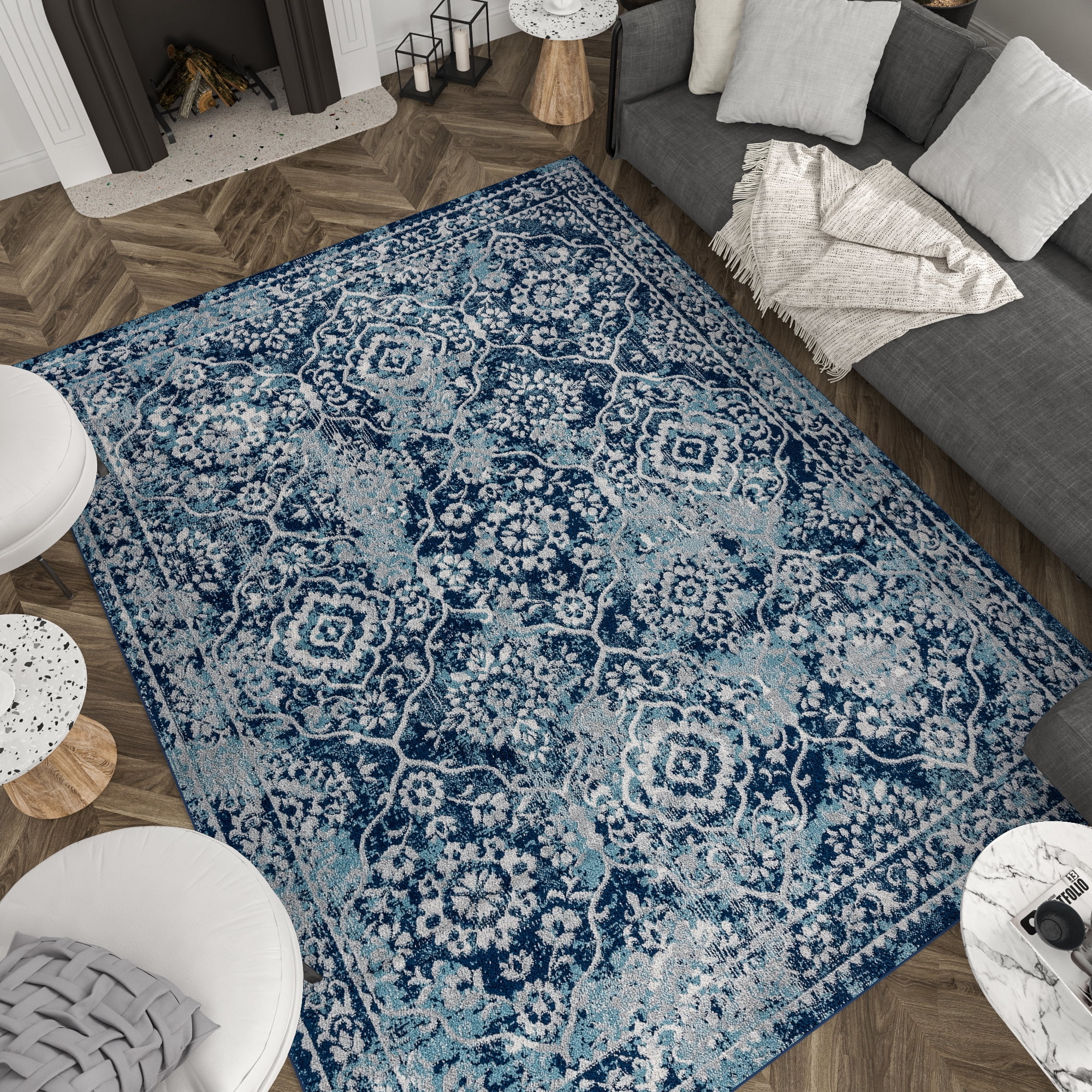 Diamond Transitional 5' x 7' Blue and Cream Polypropylene Indoor Area Rug