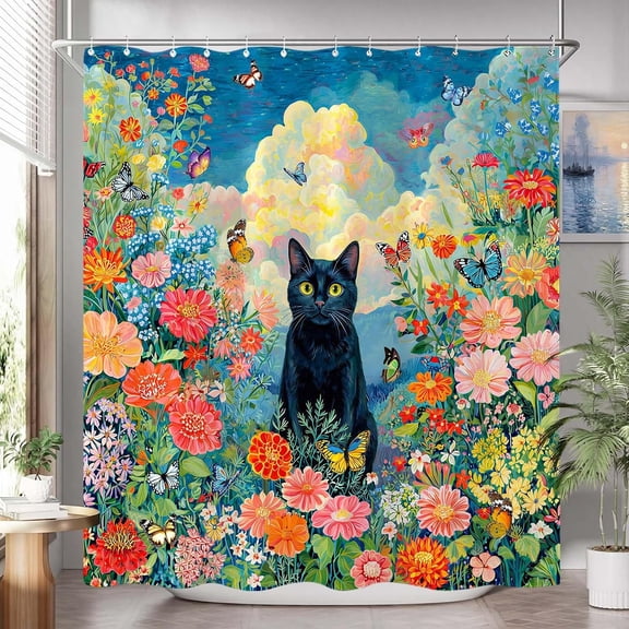 Black Cat Shower Curtain Floral Garden with Butterflies Waterproof Fabric Bathroom Decor 71x71 inches