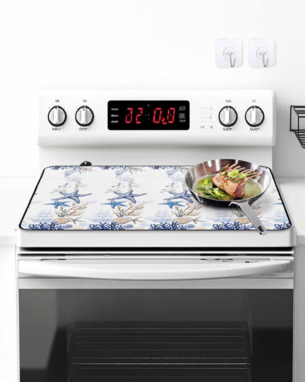 Stove Top Covers for Electric Stove, Starfish Glass Stovetop Cover Protector, Blue Ocean Coastal Coral Shell Nautical Boat Induction Cooktop Protector Oven Mat for Kitchen Countertop 24"x21"