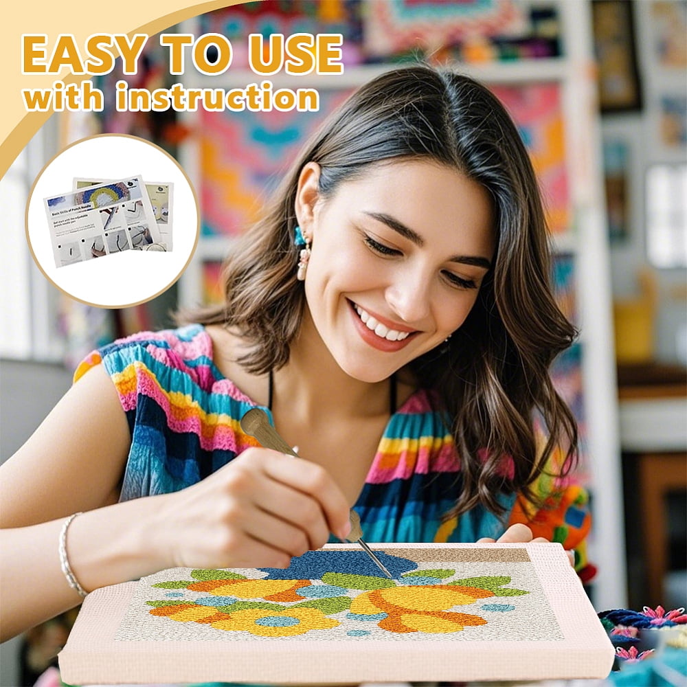 Polyester Cotton Punch Needle 4Folded Yarns Embroidery Kits Included Threader Cotton Thread Punch Needle Thread Clips 3.5MM Wooden Needle Flower for DIY