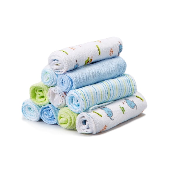 Spasilk Washcloth Wipes Set for Newborns and Infants, Terry Bathtime Essentials, Pack of 10, Blue Elephants