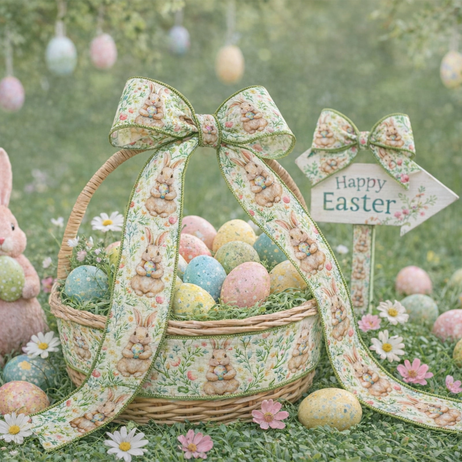 DAMAI Easter Wired Edge Ribbon Spring Floral Bunny Wired Ribbon Watercolor Easter Rabbit Flower Fabric Craft Ribbon for Gift Wrapping Floral Arrangement Wreath Bow DIY Crafts