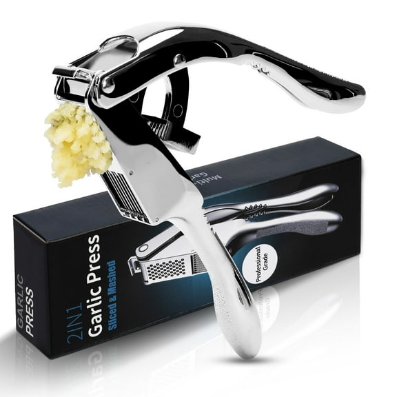 Garlic press, BUSATIA 2 in 1 Garlic Press Stainless Steel, Dual-Function Garlic Mincer Garlic Chopper Easy to Squeeze and Clean, Rust Proof & Dishwasher Safe, Ginger Crusher-Silver