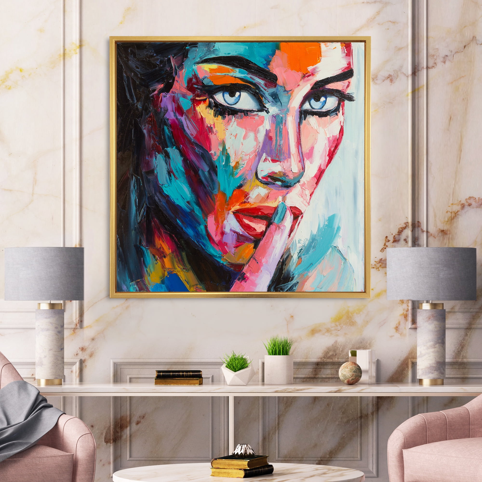 Abstract Portrait Of A Young Woman With Blue Eyes II 16 in x 16 in Framed Painting Canvas Art Print, by Designart