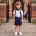 thumbnail image 2 of Boys British Suspender Suit Set, White Short Sleeve Shirt Striped Shorts Bow Tie Suspenders Formal Back to School Outfits for Kids Birthday Wedding Stage Performance(White,3-4 Years), 2 of 4
