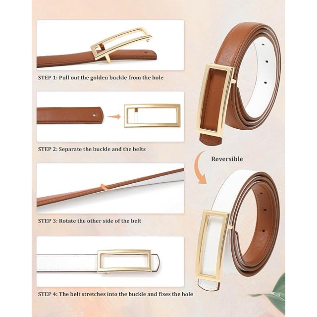 Women Reversible Leather Belt Skinny Fit Waist 26-45 Inches Gold Buckle AWAYTR Women Reversible Leather Belt - Two-in-One Women  main image 3