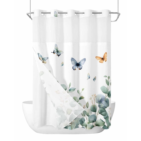 Anzona No Hook Shower Curtains, Teal Eucalyptus Leaves Long Bathtub Curtains with Snap in Liner, Summer Botanical Butterfly Waterproof Washable Fabric Bathroom Shower Curtain Sets, 72" x 84"