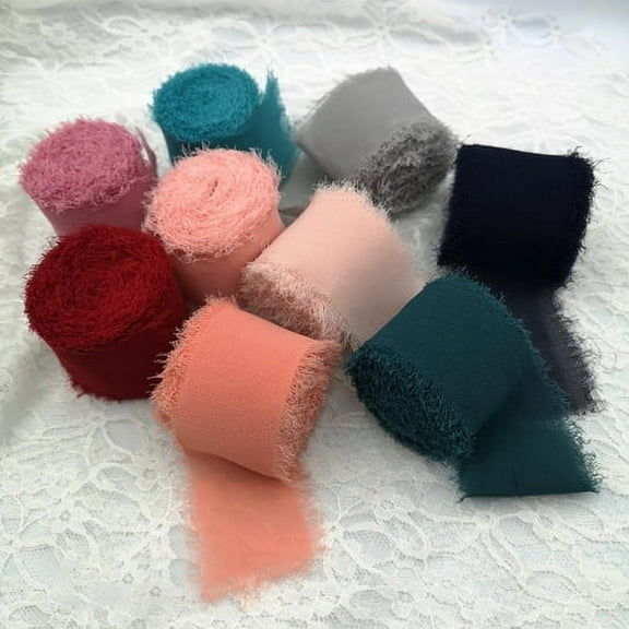 Visland Chiffon Fringe Ribbon Handmade Chiffon Ribbon Silk-Like Frayed Edges Ribbon 1.4 Inch x 5 Yards for Wedding Invitation,Weath, Bouquets, DIY Crafts Wrapping Decorations