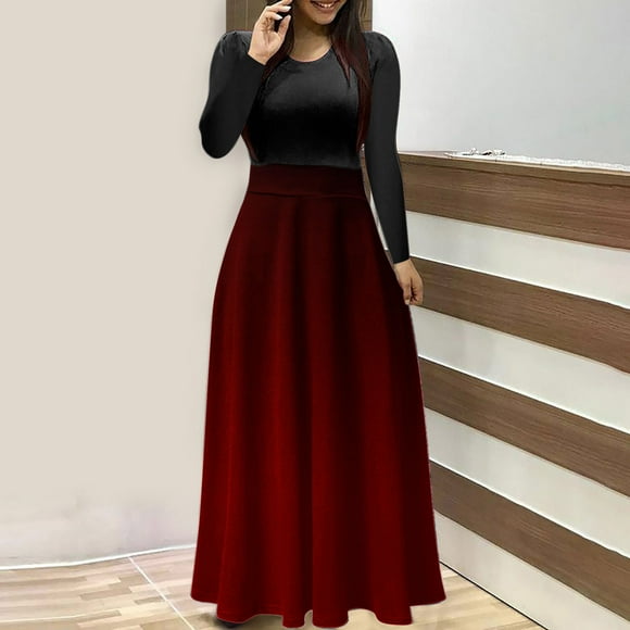 Rewenti Dress for Women's Print Colorful Long Dress Long Sleeve Round-Neck Printing Dresses Plus Size Summer Fall Savings Clearance Deals