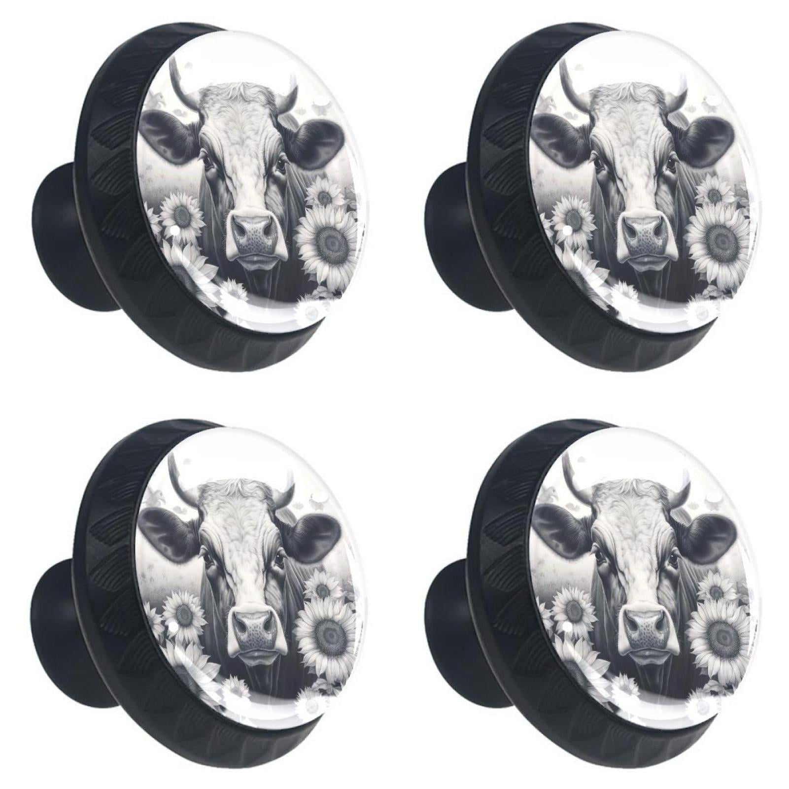 4 Pcs Cow and Sunflower Knobs for Kitchen Cabinet Cupboard Dresser Bookcase Drawer Pulls Handles Round Home Decor