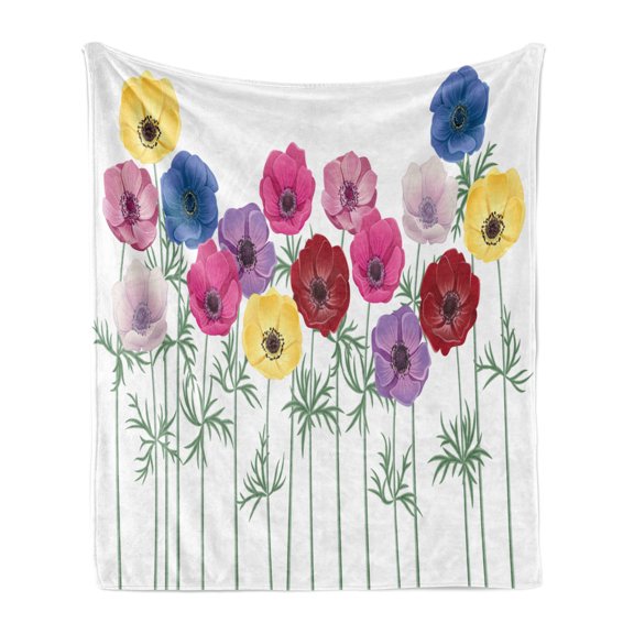 Anemone Flower Soft Flannel Fleece Blanket, Group of Graphic Colorful Flowers on Branches Blooming Field in Summer Theme, Cozy Plush for Indoor and Outdoor Use, 60" x 80", Multicolor, by Ambesonne