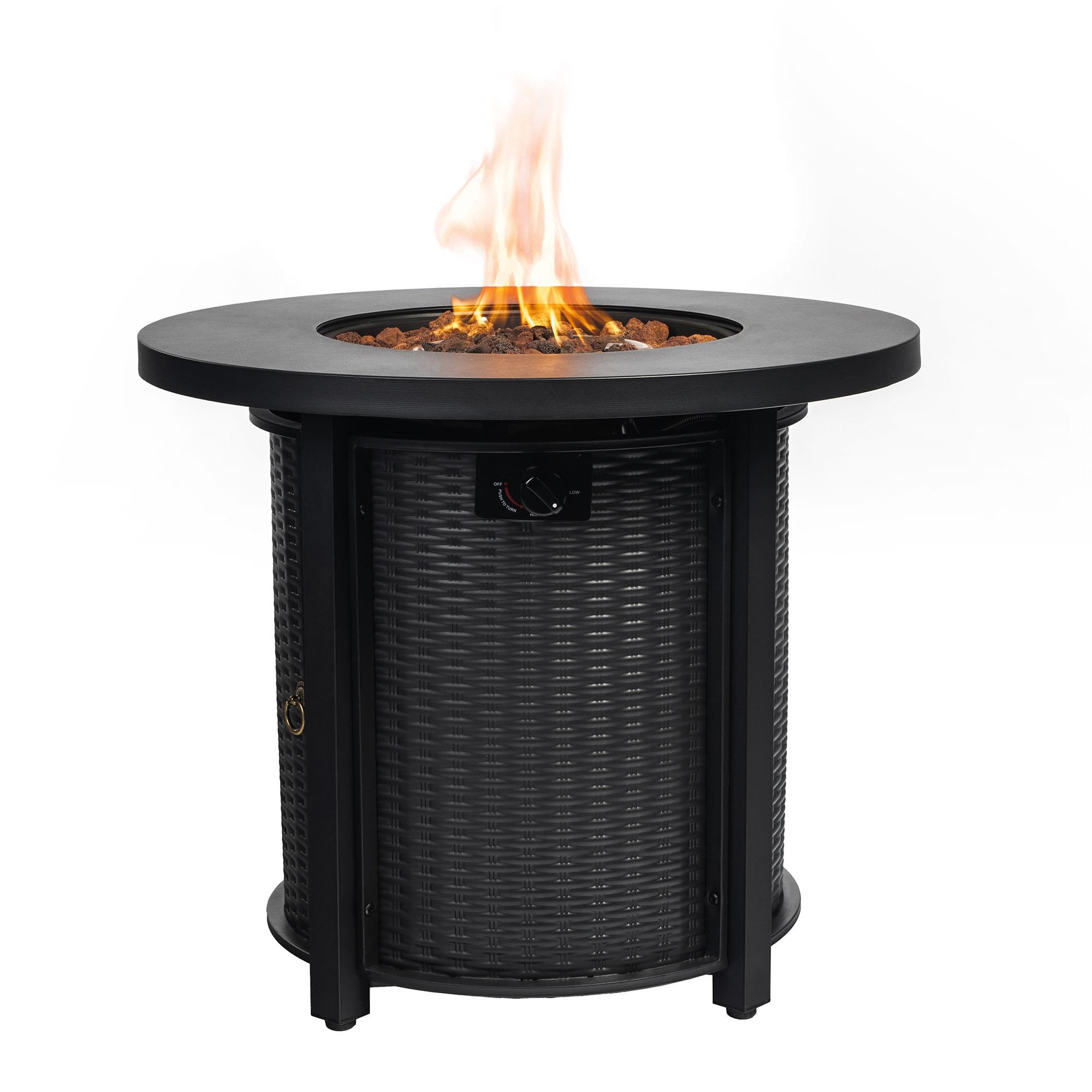 30In Propane Fire Pit Table 40000BTU Round Steel Patio Heater Electronic Ignition Lid Lava Rocks Included Outdoor Backyard Deck Garden Adjustable Flame Black Rattan Pattern 20SqFt Heating