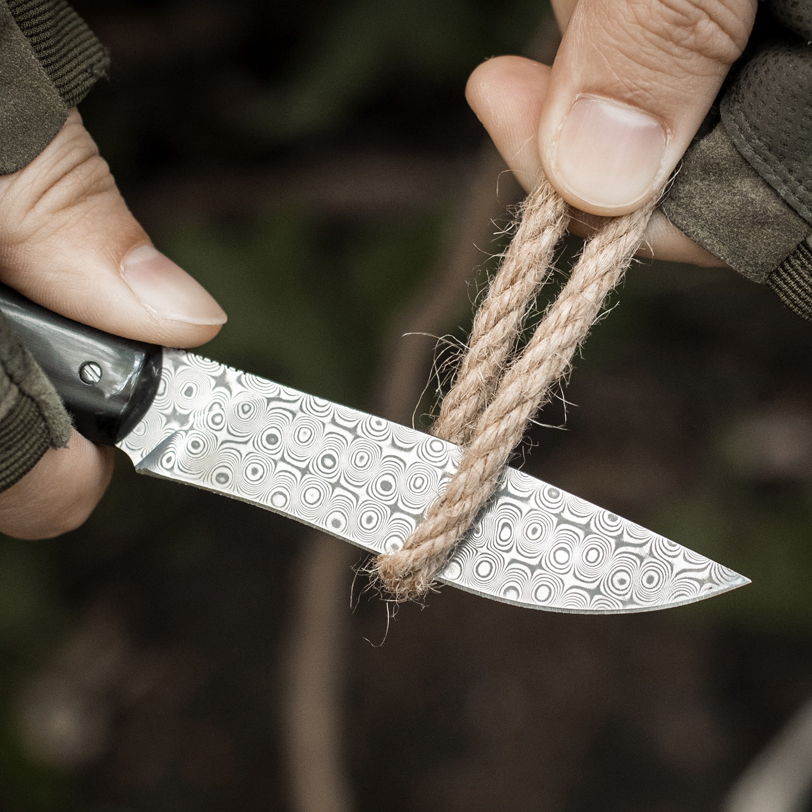 Dispatch 3.2 inch Blade Length Damascus Steel EDC Folding Knife with Cowl Handle and Rosette Blade