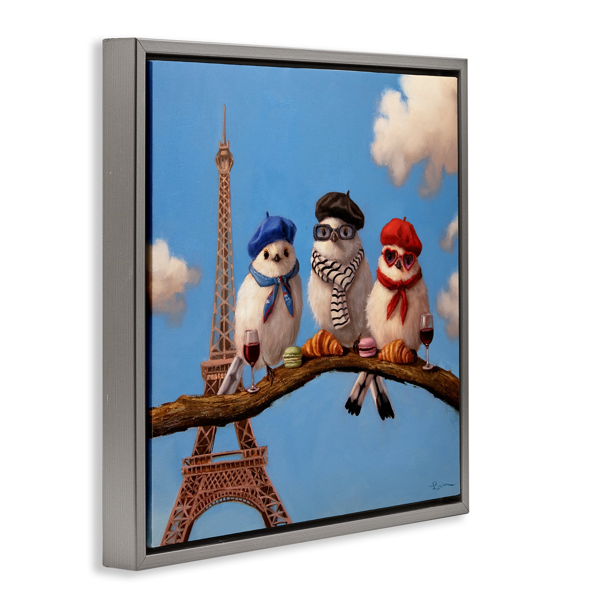 Stupell Industries Parisian Chic Birds in Paris Gray Framed Floater Canvas Wall Art, design by Lucia Heffernan