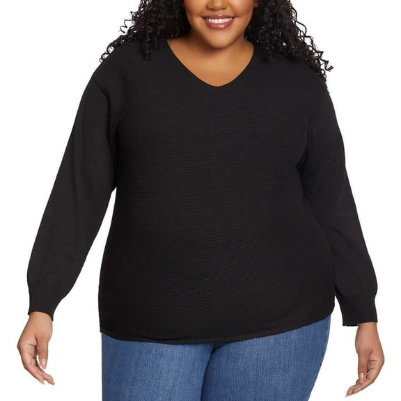 Ella Moss Women's Soft Ribbed Knit V-Neck Sweater (Black, XXL)
