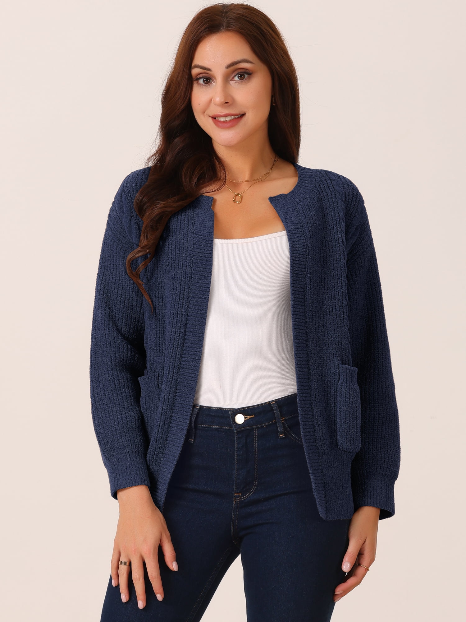 DARING DIVA Women's Open Front Knitted Casual Cardigan with Pockets S Navy Blue