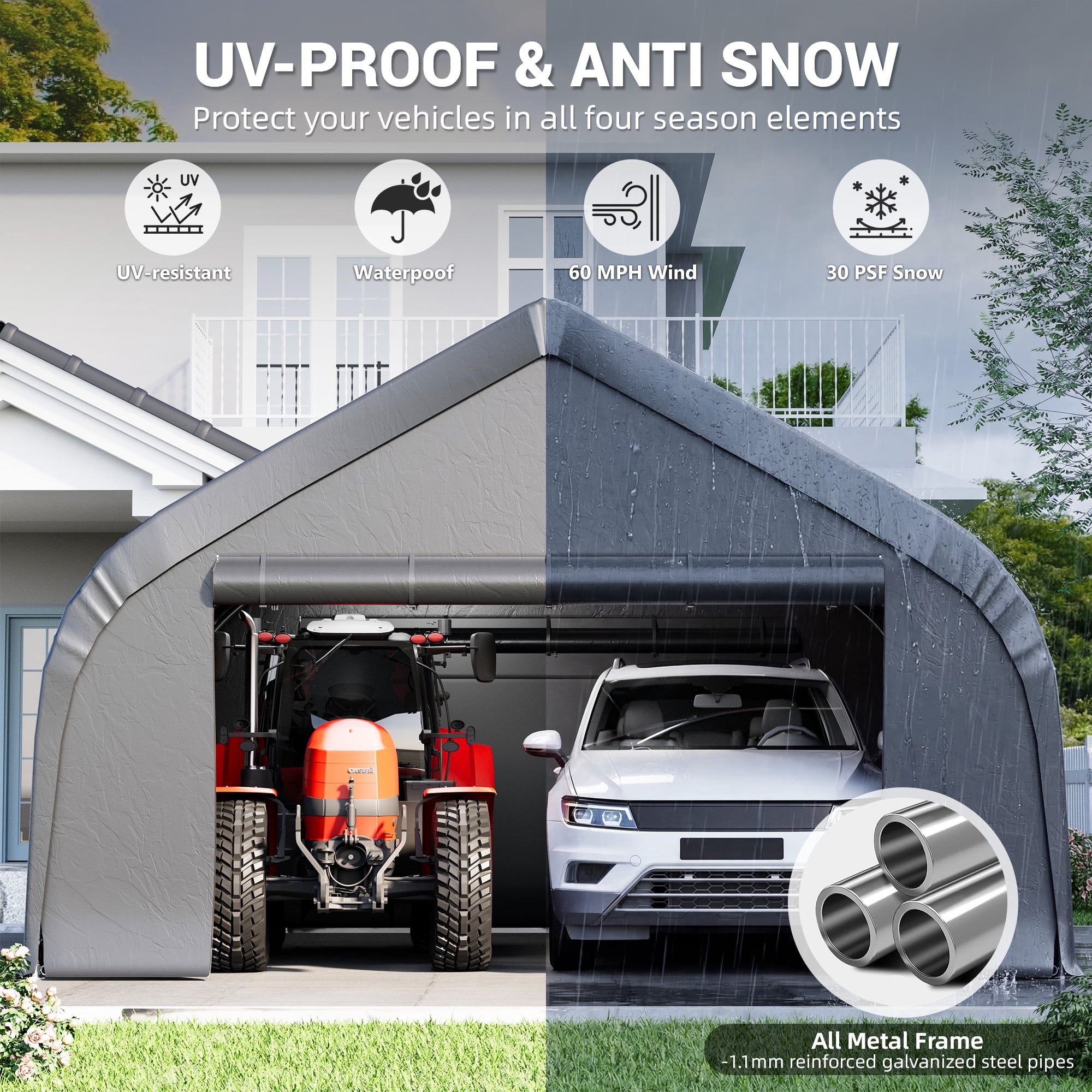 Mellcom 20x20 ft Carport, Heavy Duty Carports and Shelters with Galvanized Steel Frame and Waterproof 3-Layer PE Cover, Fits 2 Cars, Boat, Farm Equipment, Silver Gray