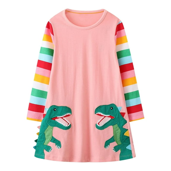 Odeerbi Toddler Girls Long Sleeve Rainbow Striped Cotton Dress Cute Dinosaur Embroidered A-Line Dress Kids Splicing Color Print Comfortable Dress Toddler Girls Clothes