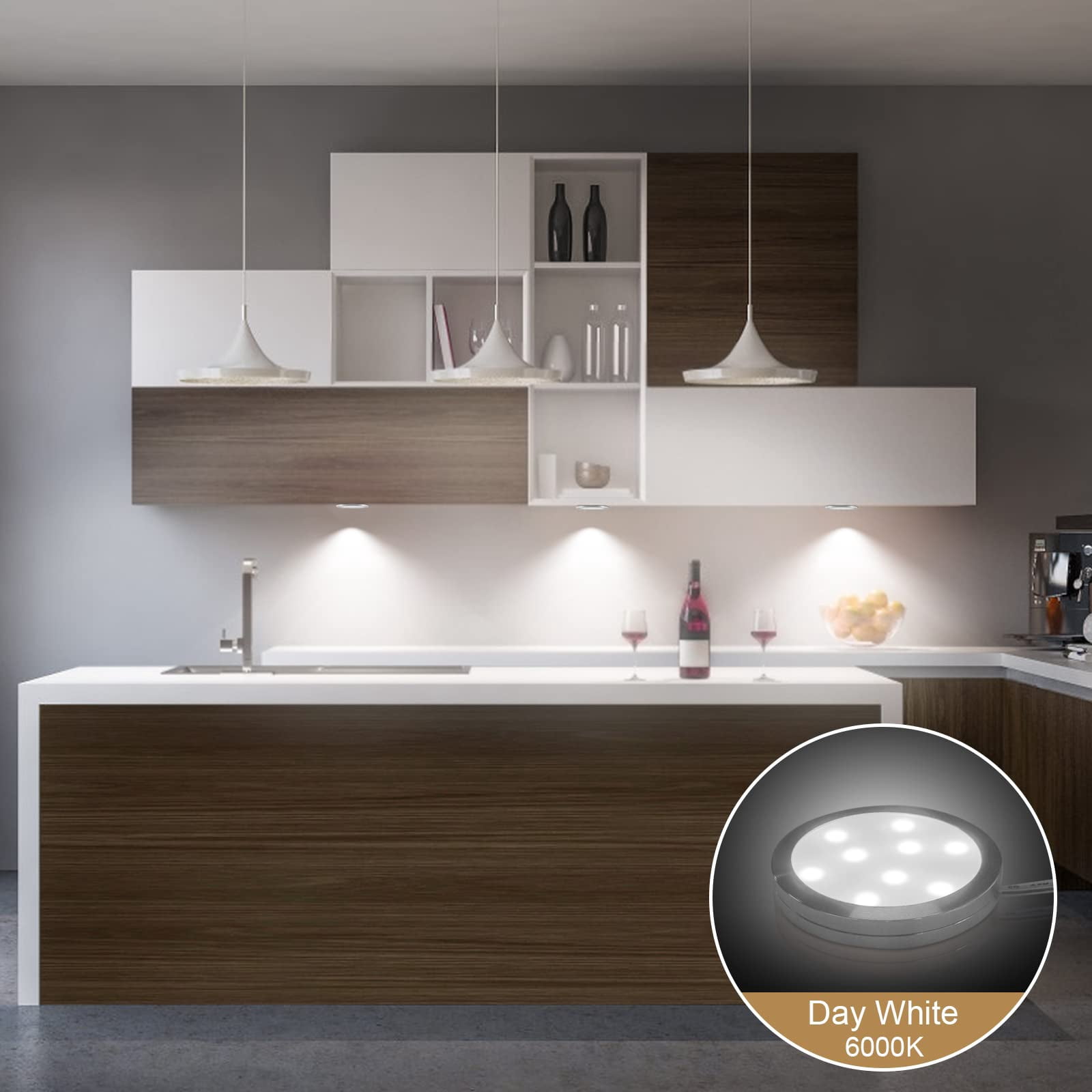 Linkable LED Puck Lights for Under Cabinet Lighting - 8 Pack of Dimmable 12V Daylight White 6000K Lights, Plug-in/Hardwired with LED Driver, Compatible with Most Dimmer Switches