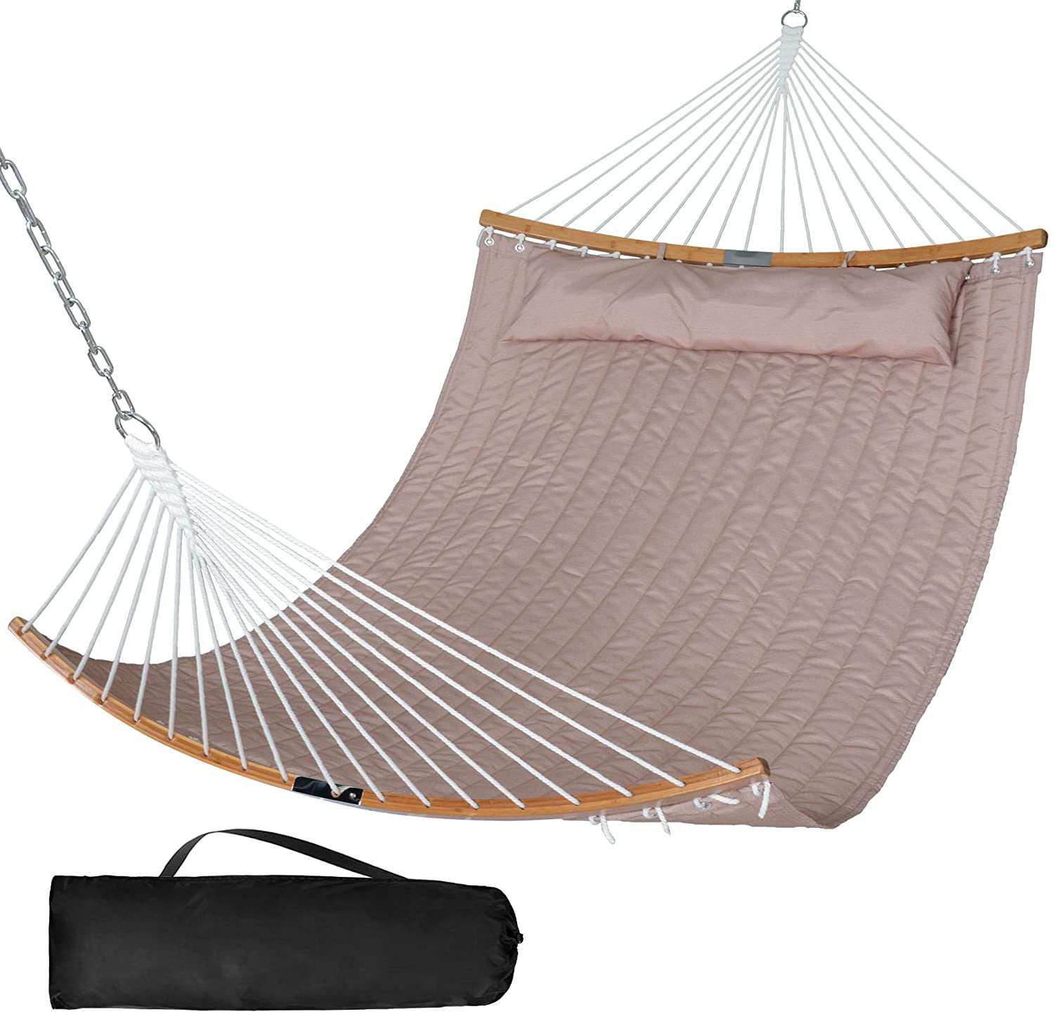 Ohuhu Double Hammock Quilted Fabric Swing with Strong Curved-Bar Bamboo & Pillow 